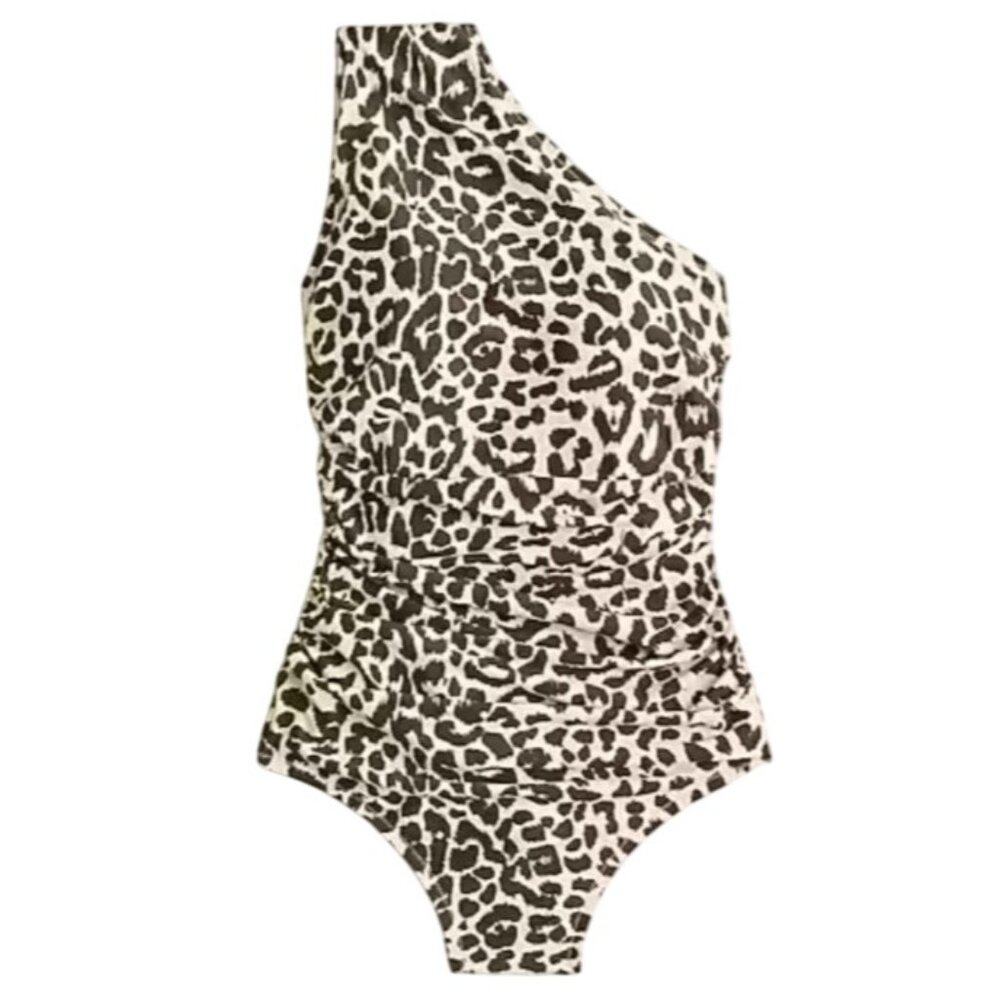 JCrew Swimsuit Ruched One Shoulder One-Piece Leopard Print Taupe Brown Size 16